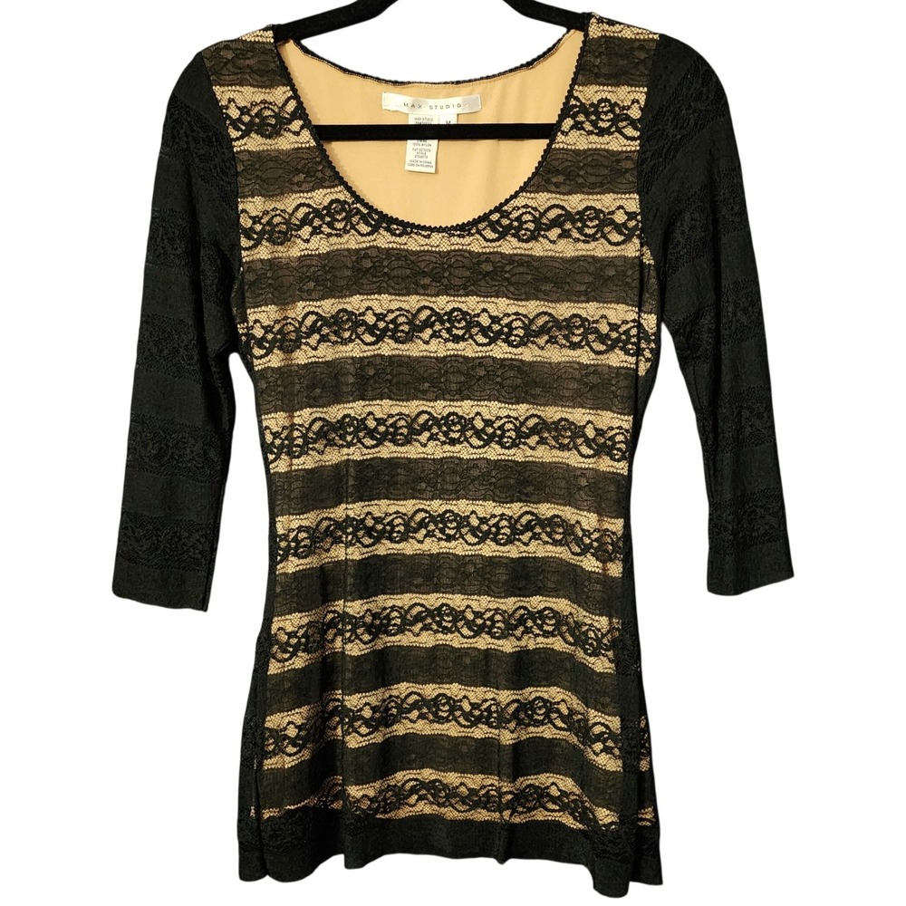 Max Studio Women Whimsigoth Black Tan Lace Striped 3/4 Sleeve Top Scoop Neck, M